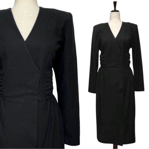Leslie Lucks Vintage 80s Wool Blend Black Faux Wrap Midi Dress Size 12 - Picture 1 of 9